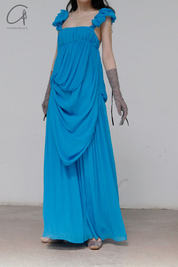 CAROLINE HU Pleated Chiffon Dress SS22BUD12 Blue